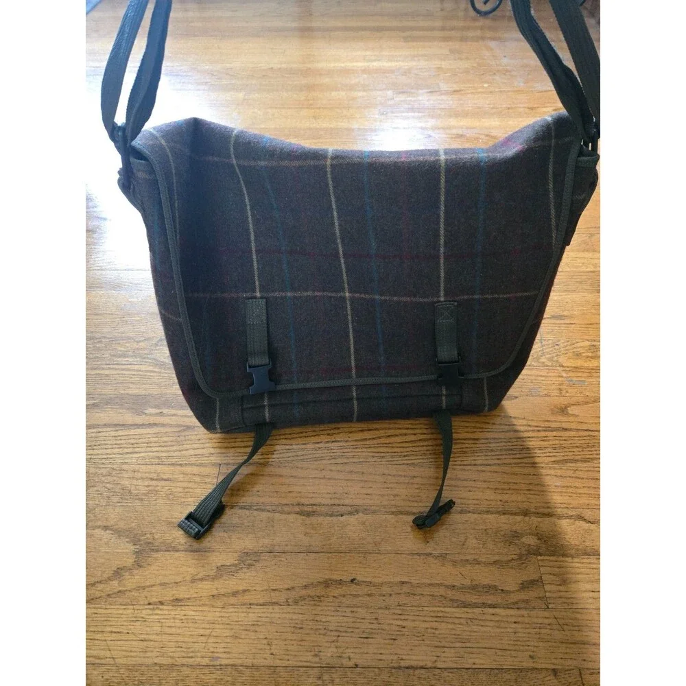 J Crew Wool Blend Brown Plaid Messenger Laptop Bag Adjustable Straps